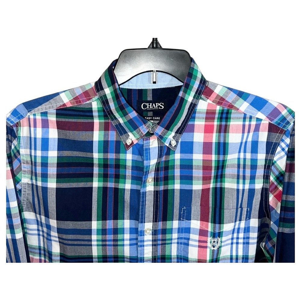 Chaps Shirt Men’s Size L Blue Green White Easy Care Button Front Long Sleeve - Picture 2 of 8